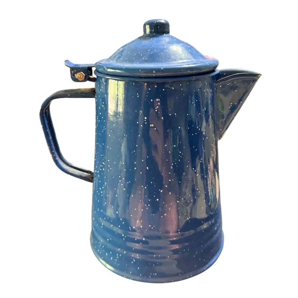 Vintage Tres Blue Speckled Enamelware Coffee Pot Pitcher Mexico Graniteware